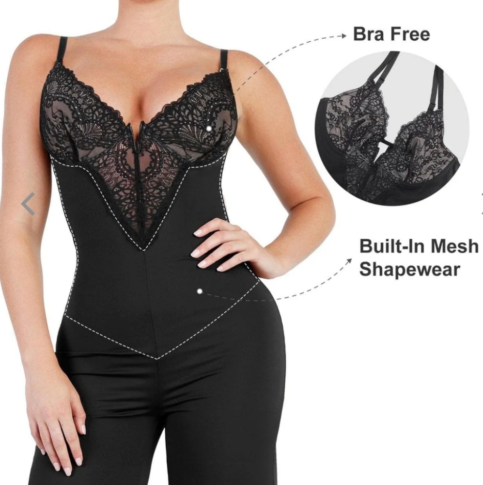 Popilush Shapewear Outer Wear Lace Deep V-Neck Sculpting Wide Leg Jumpsuit - Picture 3 of 4